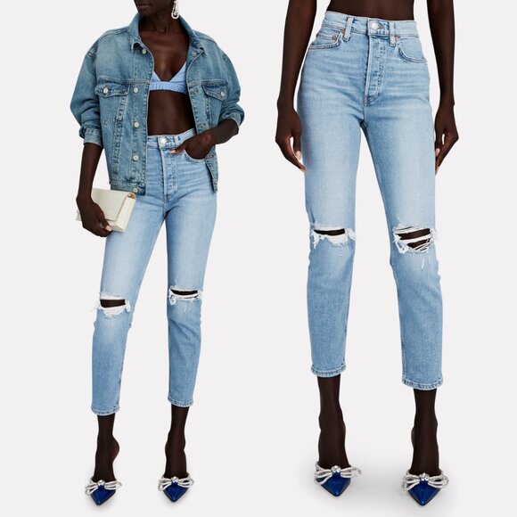 RE/DONE 90's High Rise Ankle Crop Jeans In Sanded Blue Sz 29 Distressed Denim